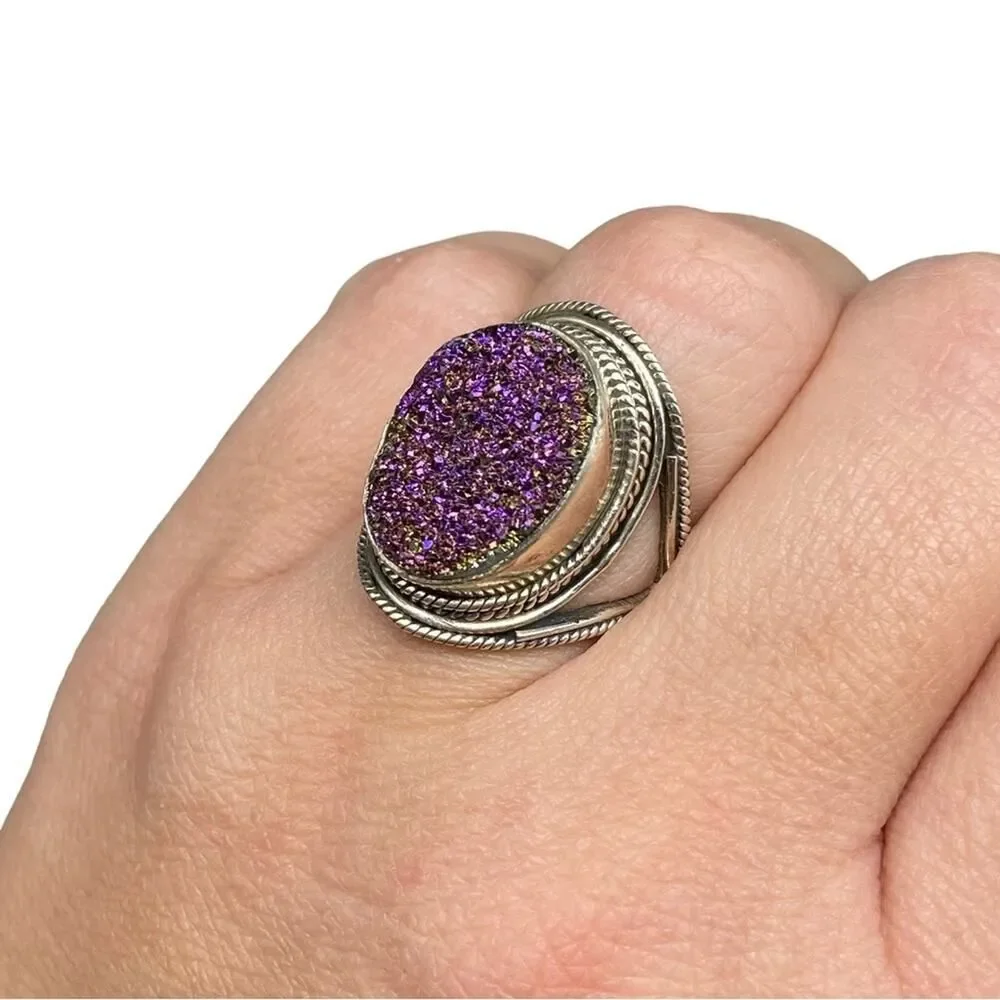Purple Druzy Ring Solid Sterling Silver 925 Size 6 Natural Stone Oval Boho